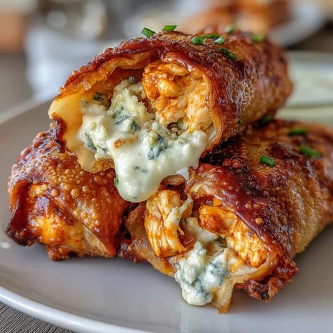 These golden-brown Buffalo Chicken Egg rolls are piled high on a platter, revealing a gooey cheese and spicy chicken filling perfect for parties.