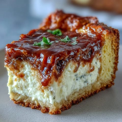 Golden-brown slices of Caramel Cream Cheese Bread reveal a creamy cheesecake-like center and sweet caramel swirls on a rustic plate.