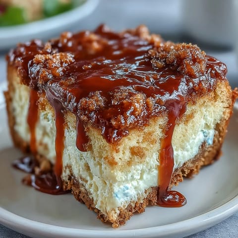 A loaf of Caramel Cream Cheese Bread is drizzled with caramel sauce and sliced to show its moist, tender crumb.