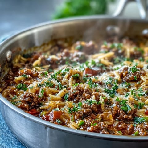 Steam rises from the savory Comforting Ground Beef Orzo Dinner, featuring tender orzo and colorful bell peppers.