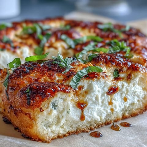 A slice of Hot Honey Ricotta Pizza being lifted, revealing fluffy crust and a creamy ricotta base.