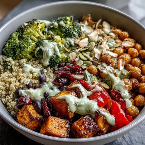 Colorful vegan bowl with chickpeas, black beans, fresh veggies, and crunchy almonds and seeds.