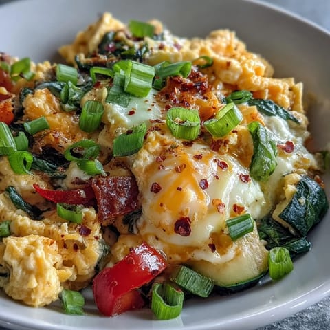 Steam rises from a warm Scrambled Egg and Veggie Bowl topped with melted cheddar.