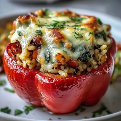 Golden-brown baked Black-Eyed Pea Stuffed Peppers topped with melted cheese, fresh parsley, and aromatic spices on a rustic table.