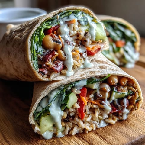 Whole wheat tortilla filled with black-eyed peas, fresh veggies, and creamy tahini sauce, cut in half to show colorful layers.
