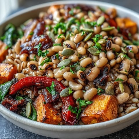A vibrant Black-Eyed Pea Grain Bowl features zucchini, bell pepper, and fresh parsley garnish.