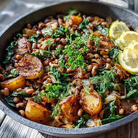 Freshly chopped parsley and lemon wedges garnish this hearty vegetarian skillet meal, ready to serve.