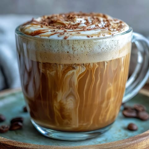 Creamy hot hojicha latte in a white mug, topped with fluffy foam and a light dusting of roasted tea powder.