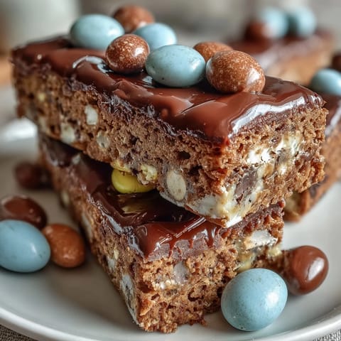 Cadbury Egg Cookie Bars with Pastel M&Ms in a baking pan, golden brown and loaded with colorful candy pieces.