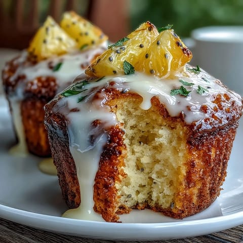 Golden lemon poppy seed muffins with a glossy citrus glaze, perfect for a bright spring brunch table.