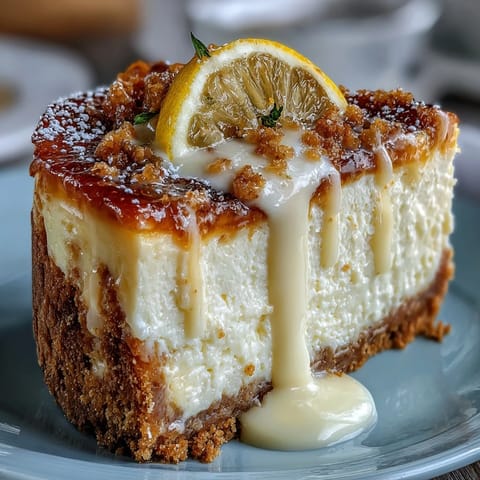 Golden graham cracker crust holds smooth limoncello-infused cheesecake filling, dusted with powdered sugar for an elegant summer dessert.