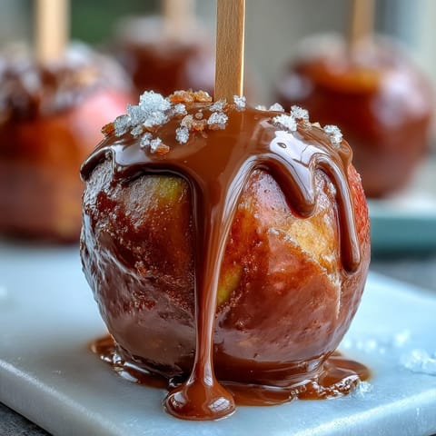 Classic red candy apples with white chocolate drizzle shine in this glossy dessert photo, perfect for Halloween or fall celebrations.
