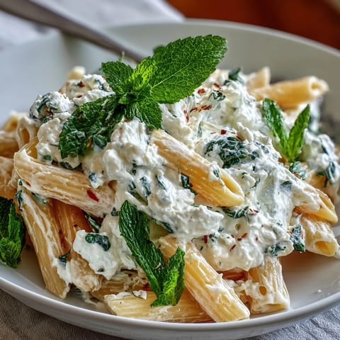 A bowl of pea and ricotta pasta with mint, creamy ricotta coating tender pasta and bright green peas, garnished with fresh mint leaves.