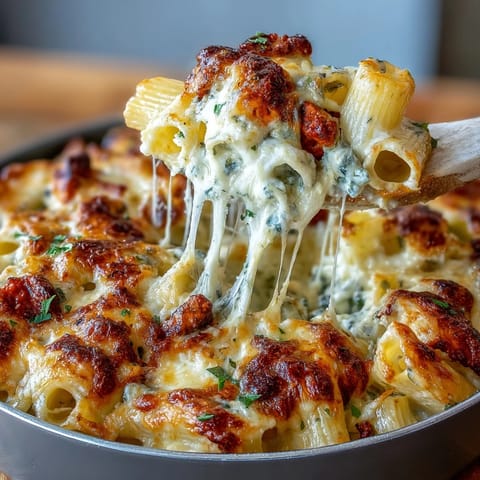 One-Pot Cheesy Pasta Bake with melted mozzarella and Parmesan in a rich tomato sauce.