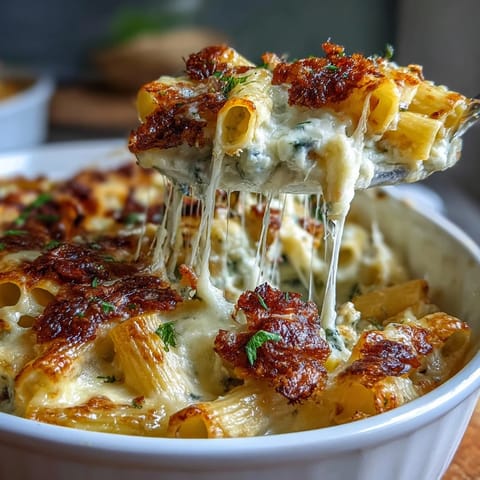Family-friendly One-Pot Cheesy Pasta Bake topped with bubbling cheddar and fresh herbs.