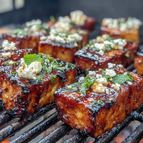 A vibrant summer salad of grilled watermelon, crumbled feta, and torn mint, drizzled with balsamic glaze for a tangy finish.