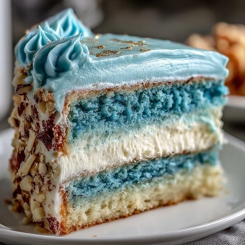 Three-layer ombre cake in deep blue shades, frosted with rich vanilla buttercream and finished with shimmering gold decorations for a festive graduation dessert.