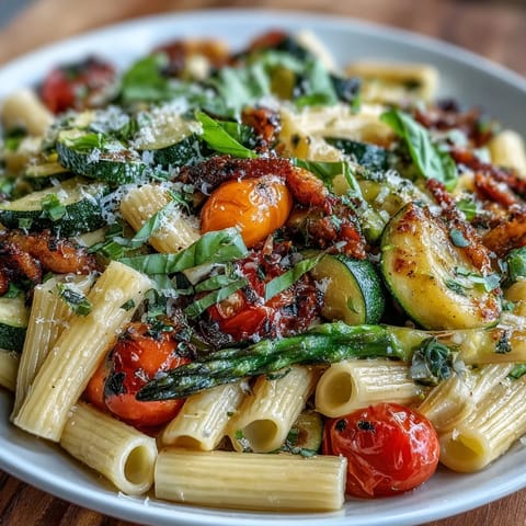 Spring Pasta Primavera with Fresh Veggies - vibrant dish of penne pasta tossed with crisp asparagus, zucchini, and cherry tomatoes, finished with Parmesan.