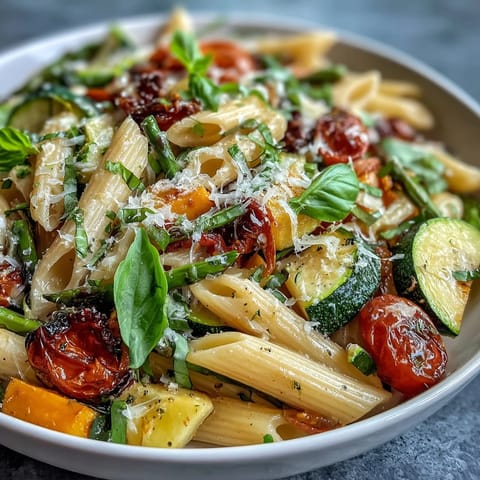 Spring Pasta Primavera with Fresh Veggies - colorful plate of farfalle pasta mixed with sautéed bell peppers, peas, and herbs, topped with grated cheese.