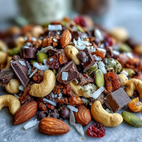Homemade Trail Mix with Dark Chocolate featuring crunchy almonds, cashews, and sweet dried cranberries, perfect for on-the-go snacking.