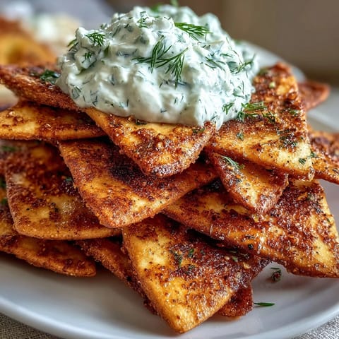 Golden, crispy homemade pita chips with creamy tzatziki dip — perfect for a light Mediterranean snack.  