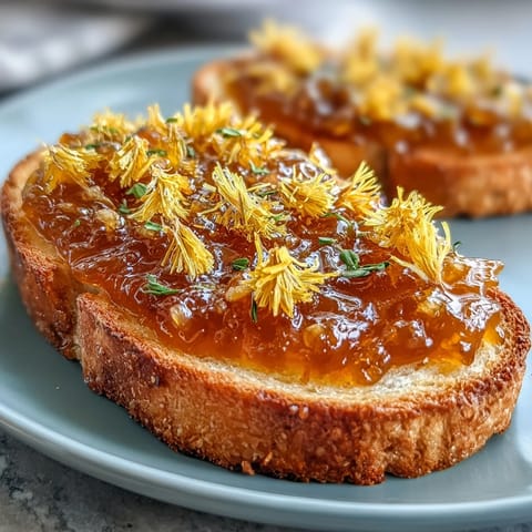 Delicate dandelion jelly with a honey-like taste, perfect for spreading on warm, buttered bread.