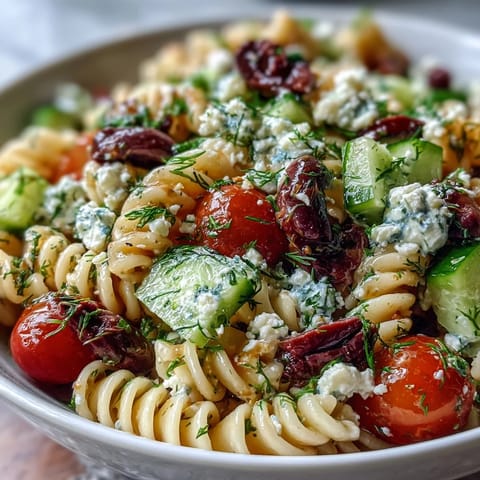 Colorful summer pasta salad featuring creamy feta, briny olives, and crisp cucumbers in a tangy Greek dressing.  