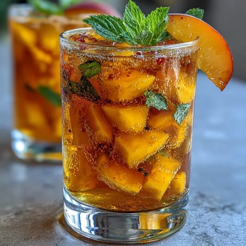 Refreshing mango peach sparkling tea with ripe fruit puree, chilled black tea, and bubbles, garnished with fresh mint and fruit slices.