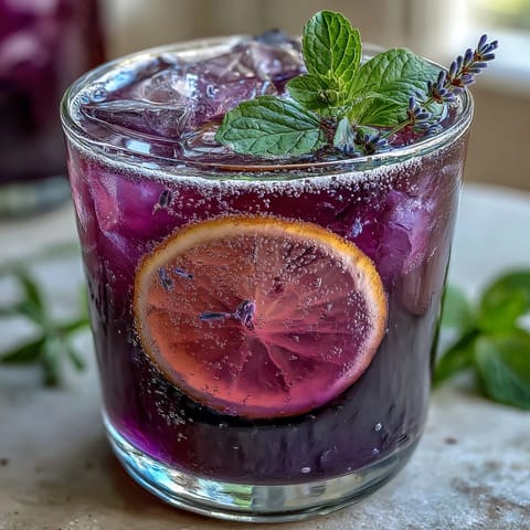 A vibrant purple lemonade refresher with fresh citrus and soothing lavender aroma, served over ice with lemon slices.