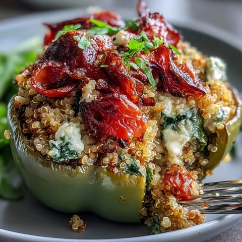 Vibrant quinoa stuffed bell peppers filled with roasted vegetables and creamy goat cheese, baked until tender and golden.