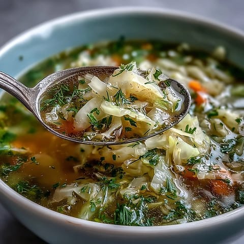 A vibrant bowl of Spring Detox Cabbage Soup with fresh vegetables and lemon slices, perfect for a light cleanse.