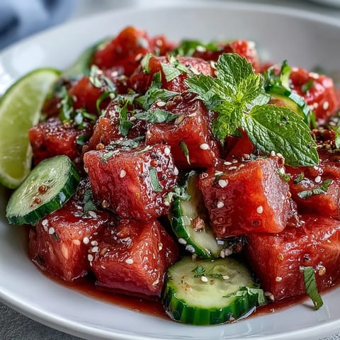 Vibrant watermelon cucumber salad with tajin, begging for a summer picnic.