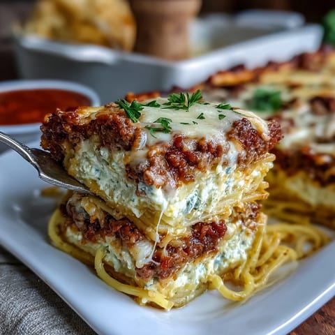 A bubbling baked spaghetti casserole layered with creamy Alfredo, rich meat sauce, and golden mozzarella for ultimate comfort.