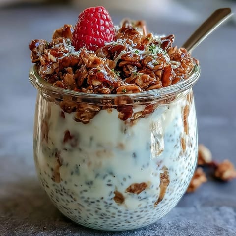 Lemon chia parfait with vibrant lemon chia pudding, crunchy granola, and tangy raspberry compote in a clear glass.