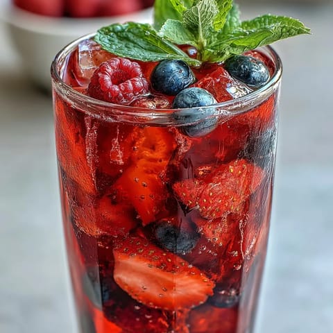 Vibrant iced hibiscus berry tea with fresh fruit, a refreshing summer beverage.