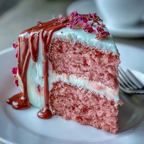 Elegant pink Bridal Shower Rosé Velvet Cake with shimmering gold drip.