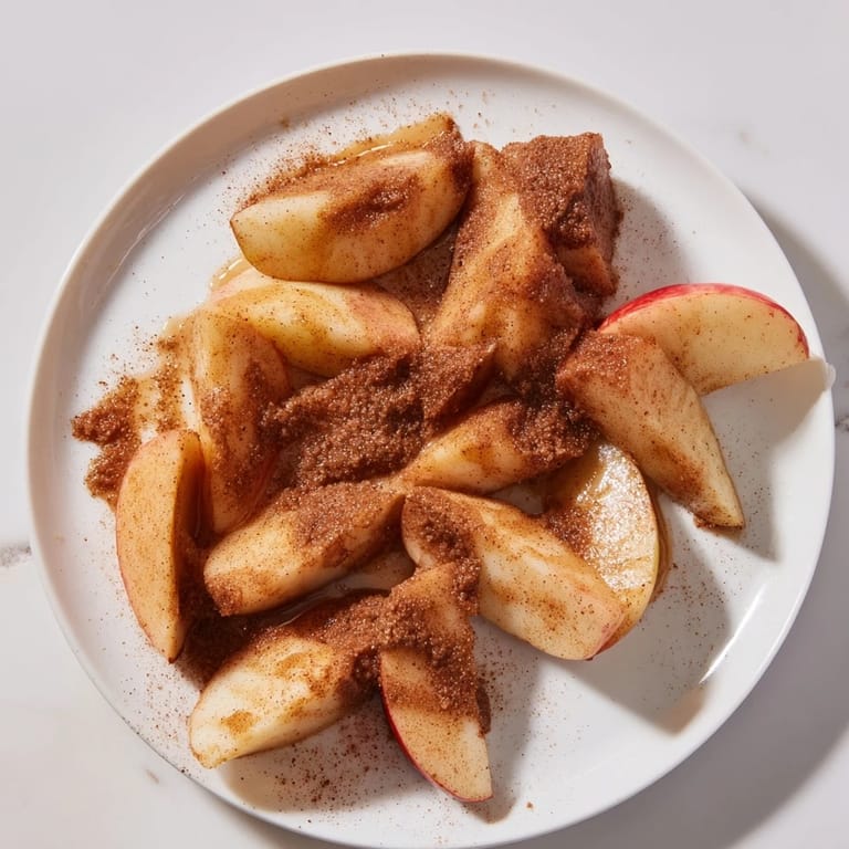 Golden brown Baked Apple Slices glistening with brown sugar, delicious served with vanilla ice cream.