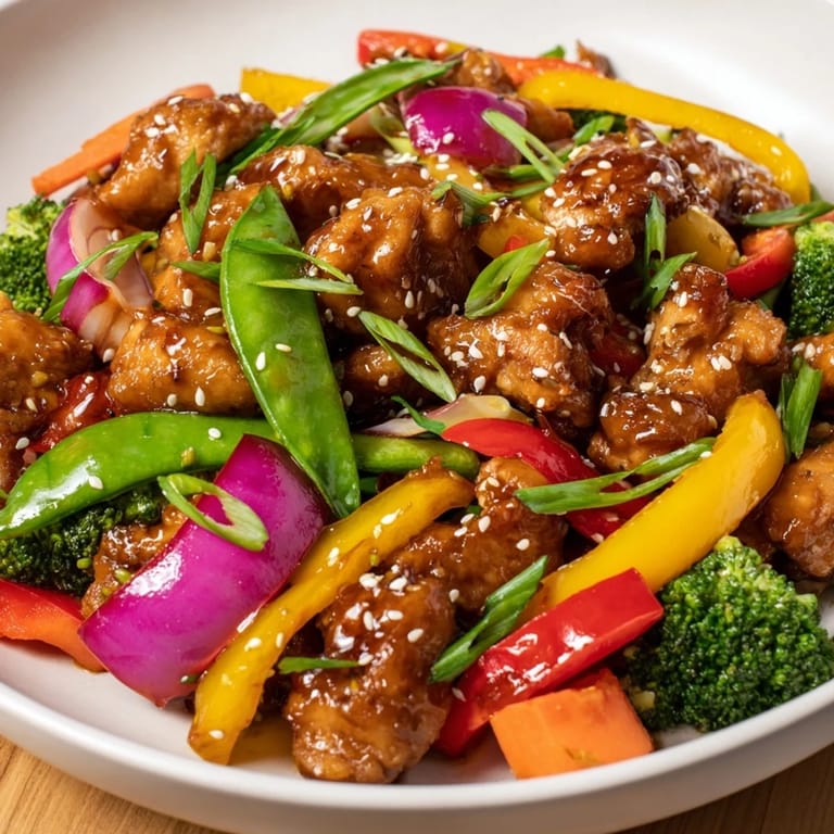 This Sheet Pan Chicken Stir-Fry showcases tender chicken pieces and perfectly roasted vegetables drizzled with sauce.