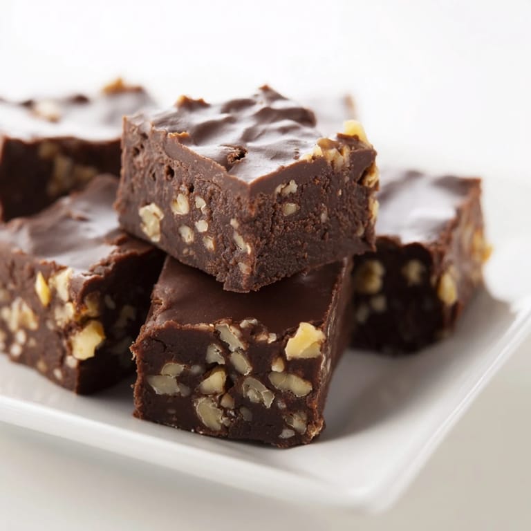 Square pieces of easy chocolate fudge promise a rich, fudgy bite alongside optional walnuts.