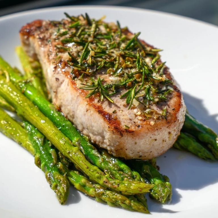Juicy One-Pan Lemon Herb Pork Chops with vibrant green asparagus, seasoned with herbs and lemon.