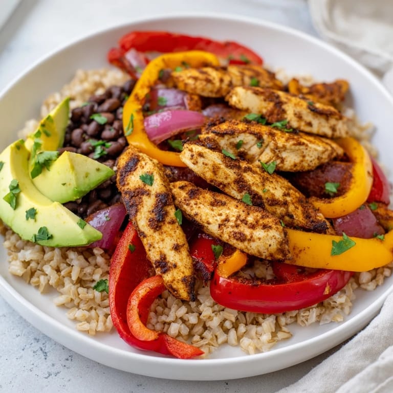 These delicious Make-Ahead Chicken Fajita Meal Prep Bowls showcase vibrant veggies and cilantro atop fluffy brown rice.