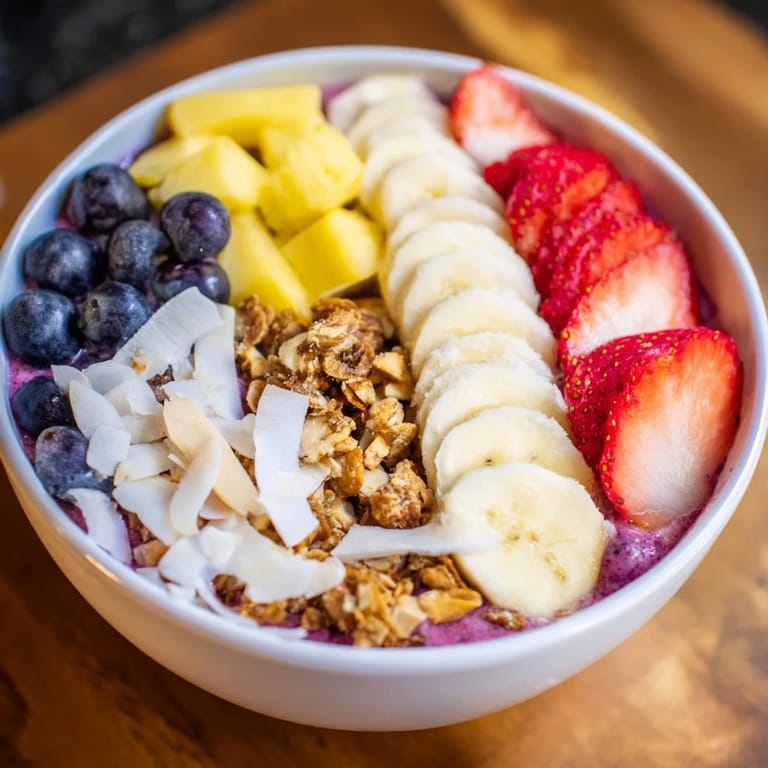 A colorful bowl of Breakfast Smoothie Packs bursting with fresh fruit and creamy yogurt before eating.