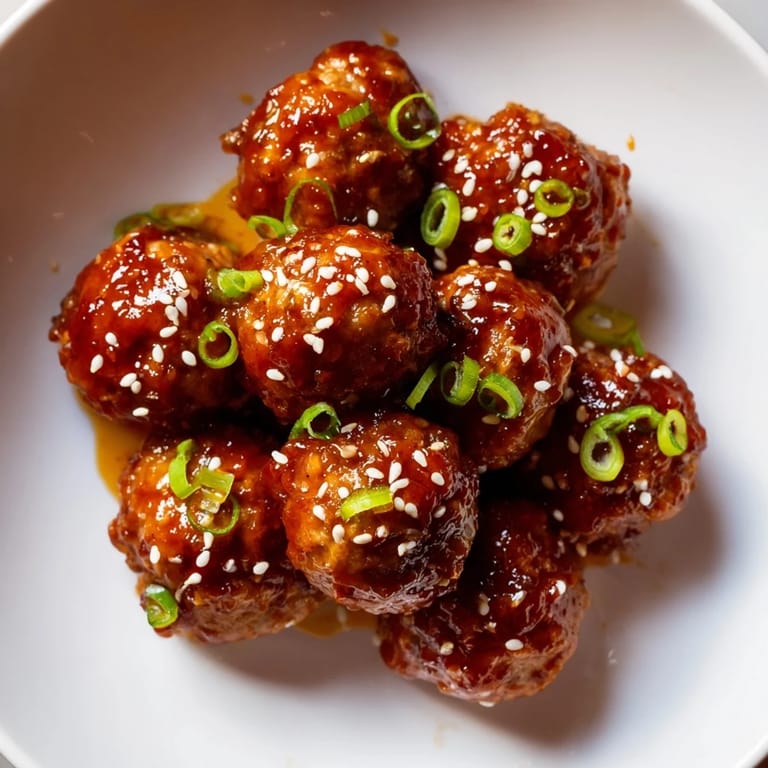 Tender, glazed Spicy Sriracha Honey Meatballs garnished with sesame seeds; a perfect appetizer.