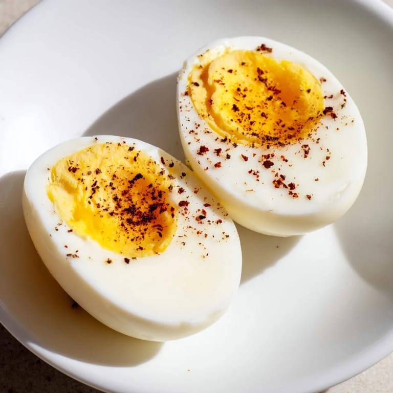 Close-up of perfectly cooked perfect hard-boiled eggs, showing smooth whites and tender centers.