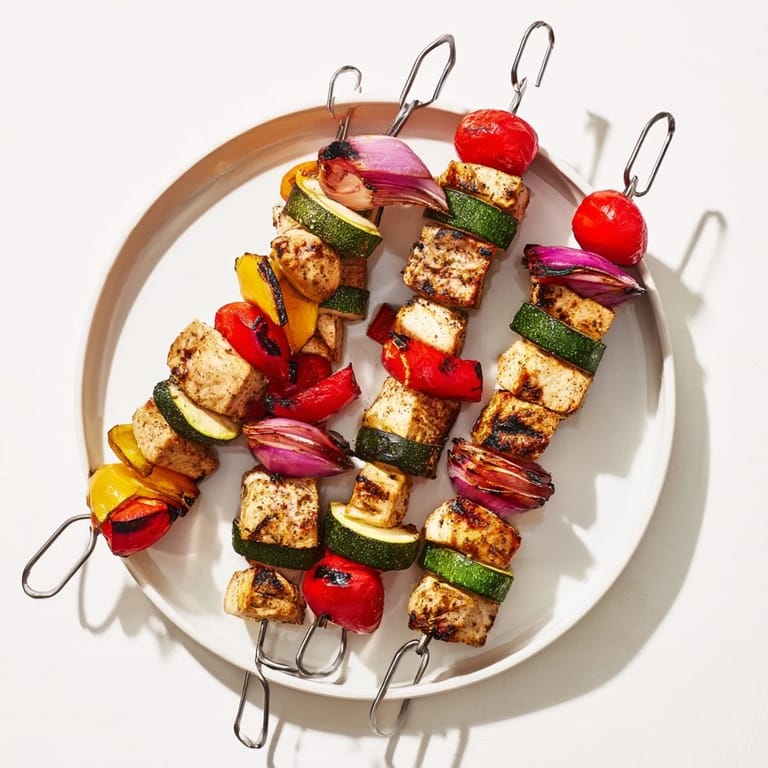 A close-up of delicious chicken and veggie skewers, perfect for a summer BBQ; see the vibrant colors.