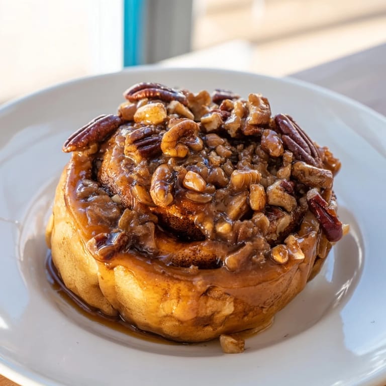 A close-up of decadent pecan and honey sticky buns, showcasing the gooey caramel and nuts.