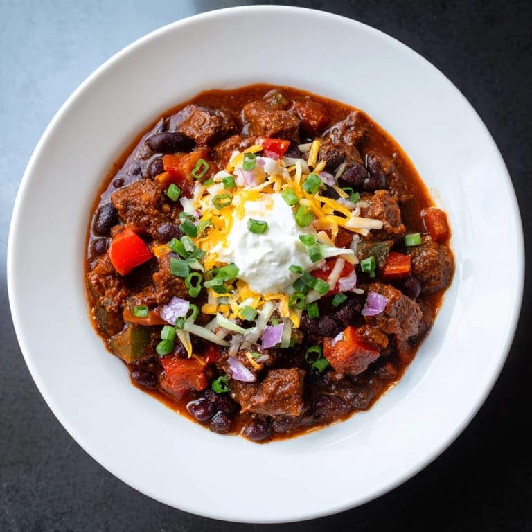 This Winter Warming Chili con Carne has a thick, deep-red sauce with floating kidney beans ready to serve.