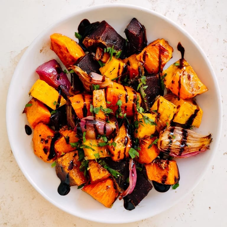 A beautiful close-up of the roasted root vegetable medley, highlighting the vibrant colors and flavors.
