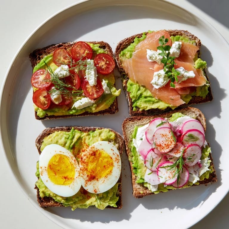 Freshly prepared avocado toast with flavorful toppings; a delicious vegetarian snack selection.