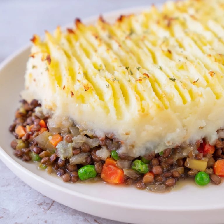 Steaming hot Lentil Shepherds Pie with a textured mashed potato topping, ready to serve and enjoy.